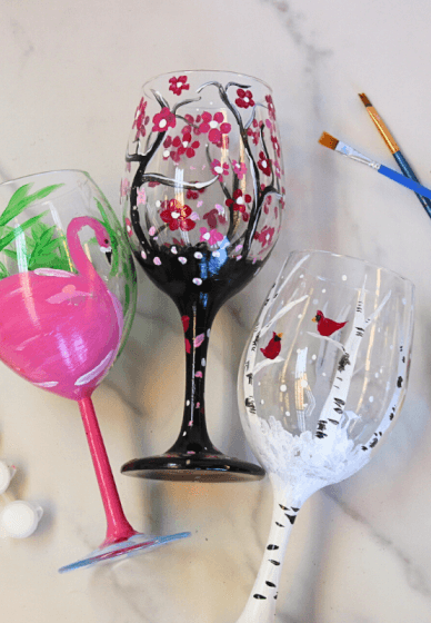 Stained Glass Abstract Hand Painted Wine Glasses in Stemmed 